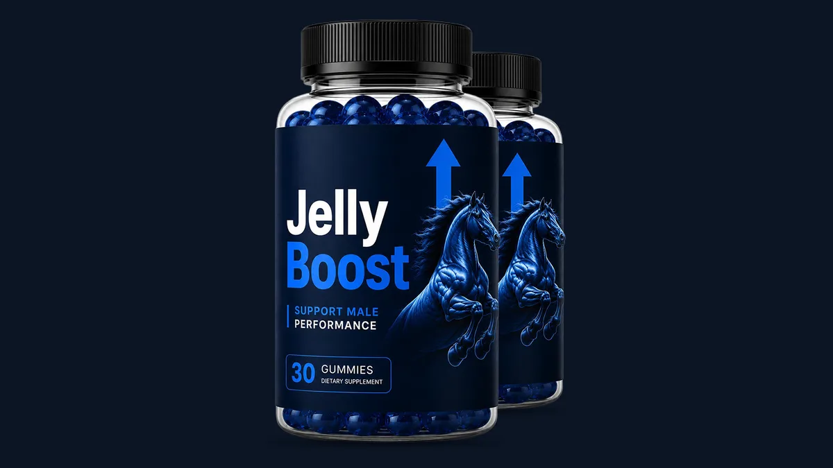 Two bottles of Jelly Boost for men gummies, dark blue label with a horse, 30 gummies each