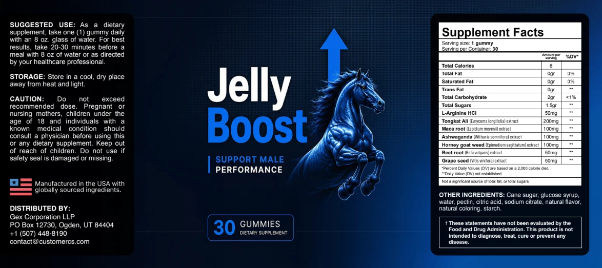 Jelly Boost supplement facts label listing the dose of each of the seven ingredients per gummy